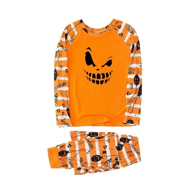 Mialoley Stripe Halloween Pumpkin Print O-Neck Long Sleeve Blouse+ Pyjama Trousers