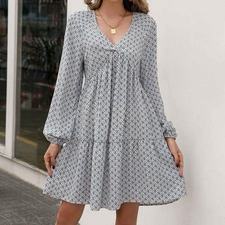 

Jialili Dresses For Women Clearance Sexy Fashion Women S Casual V Neck Long Sleeve Printed Ladies Long Dress Blue XL