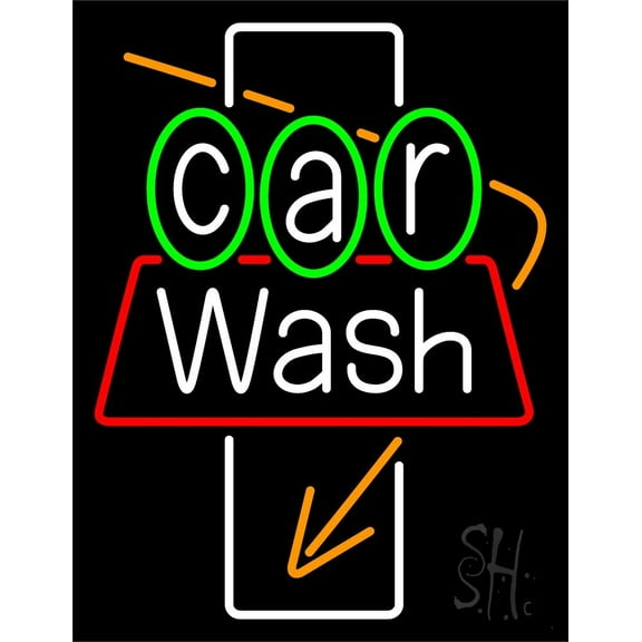 White Car Wash Orange Arrow LED Neon Sign 19 x 15 - inches, Clear Edge Cut Acrylic Backing, with Dimmer - Bright and Premium built indoor LED Neon Sign for automotive store, and mall.