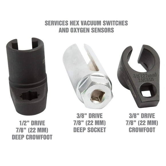 OEMTOOLS 37110 Oxygen Sensor Socket Set, 3 Piece O2 Sensor Wrench Kit with Case, 22mm O2 Sensor Socket Tools for 3/8 Drive and 1/2 Drive Sensor Remover And Installer, Oxygen Sensor Wrench