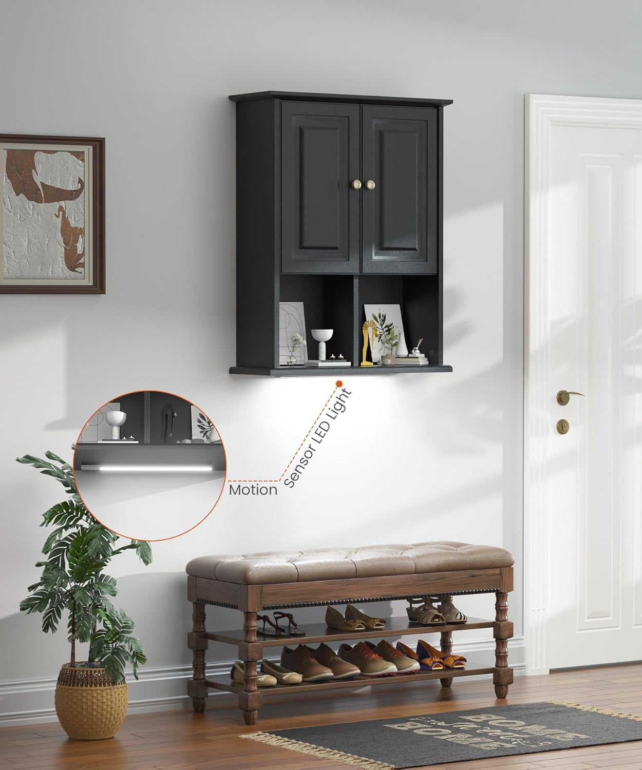 HAIOOU Bathroom Wall Cabinet with Motion Sensor LED Light, Over Toilet Storage Cabinet with Buffering Hinges and Adjustable Shelf (Black)