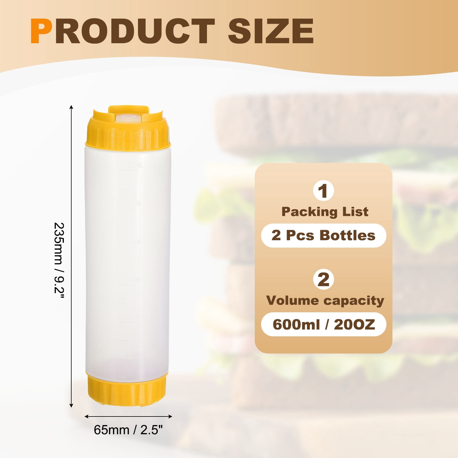 Uxcell Condiment Squeeze Bottles, 2pcs 24 oz Refillable Plastic Squirt Bottle Dispensers Leak Proof for BBQ Cooking Oil Barbecue Seasoning Honey Syrup, Yellow