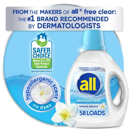 All Sensitive Fresh, Liquid Laundry Detergent, Spring Breeze, 88 oz, 58 Loads