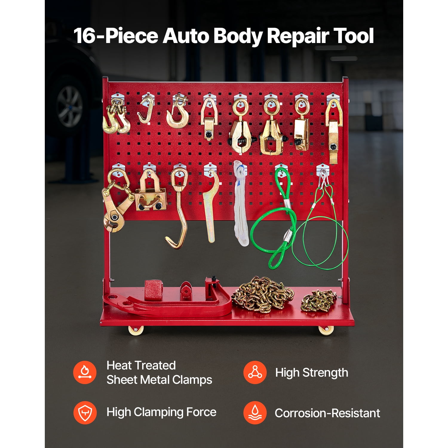 KFFKFF Auto Body Frame Puller Straightener, 6T Tension Car Body Repair Equipment with Hydraulic Foot Pump & Swivel Post, Includes 16 Tools for Car Body Repair