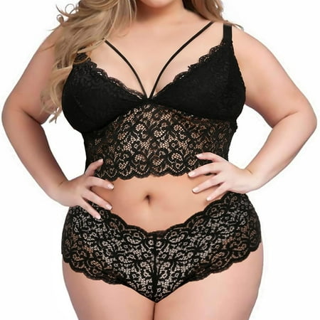 

CLZOUD Matching Underwear Black Polyester Spandex Cotton Plus Size Lingerie V Neck High Waist Floral Lace Bra and Panty 2 Piece Set No Underwire L