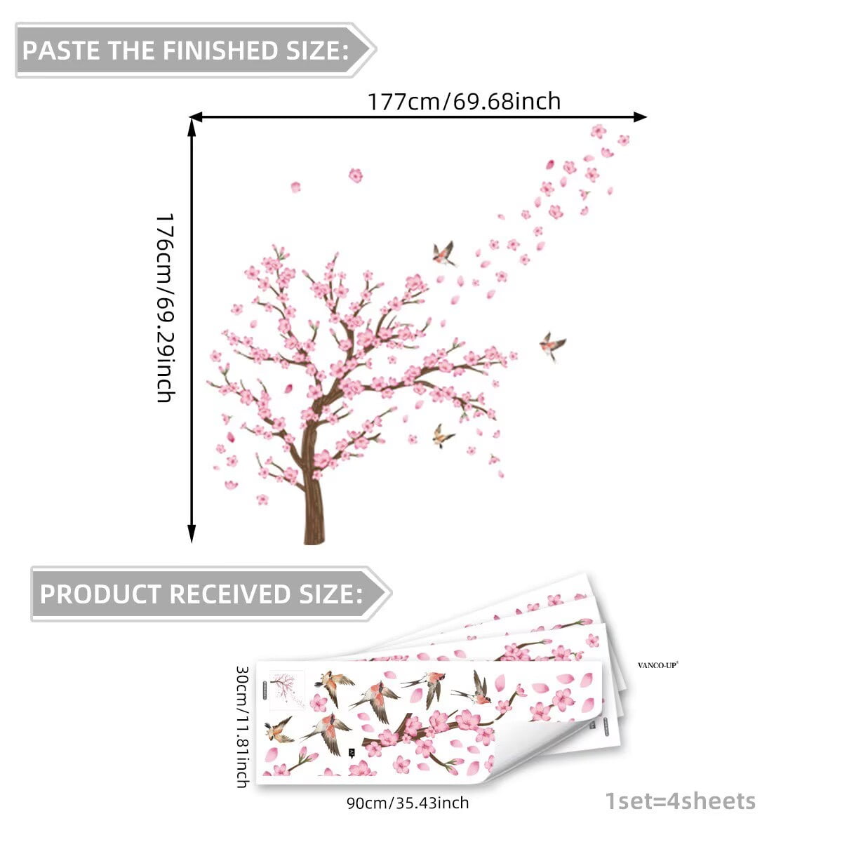 Cherry Blossom Tree Wall Stickers Decals Peel and Stick Removable Wall Stickers for Kids Nursery Bedroom Living Room décor Floral Bird Furniture Art Baby Birch