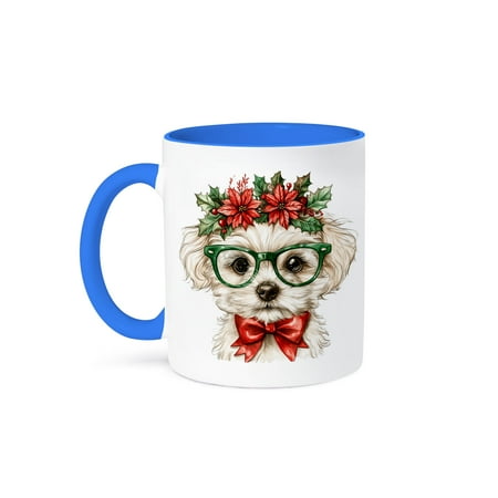 

3dRose Cute Christmas Puppy Dog In Glasses 15oz Two-Tone Blue Mug