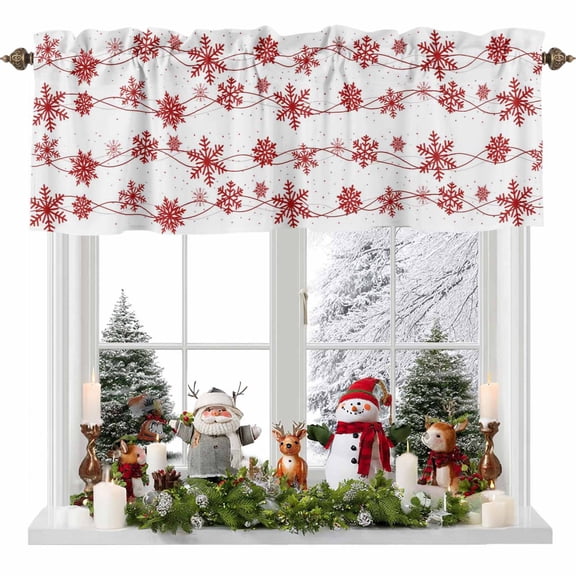 Christmas Snowflakes Valance Curtain for Windows Winter Red Waves Dot Snowflake Grey Texture Curtain Valances Short Window Treatments Panels for Kitchen Bathroom Laundry Room Basement 42 x 12 Inch