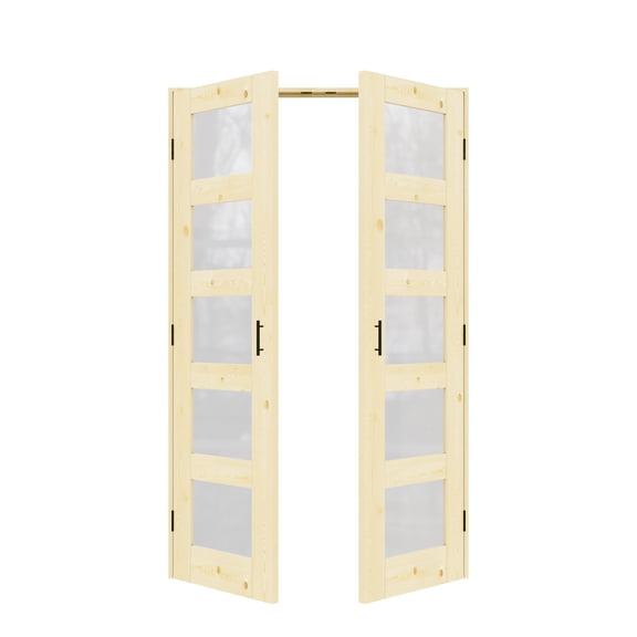 48" x 80" 5 Panel Frosted Glass Pine Wood Double Doors with French Door Ready-to-Assemble Jamb, Solid Interior Door, Black Ball Catch, Unfinished Knotty Wood & Ready-to-Stain