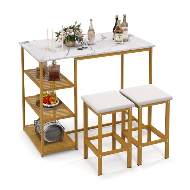 Costway Ensemble de Table de Bar 3 Pcs Table de Comptoir de Cuisine Hauteur 2 Tabourets Gain de Place avec Rangement