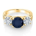 thumbnail image 2 of Gem Stone King 18K Yellow Gold Plated Silver Blue Sapphire and White Moissanite Engagement Ring for Women | 4.06 Cttw | Round 8MM | Gemstone September Birthstone | Size 6, 2 of 5