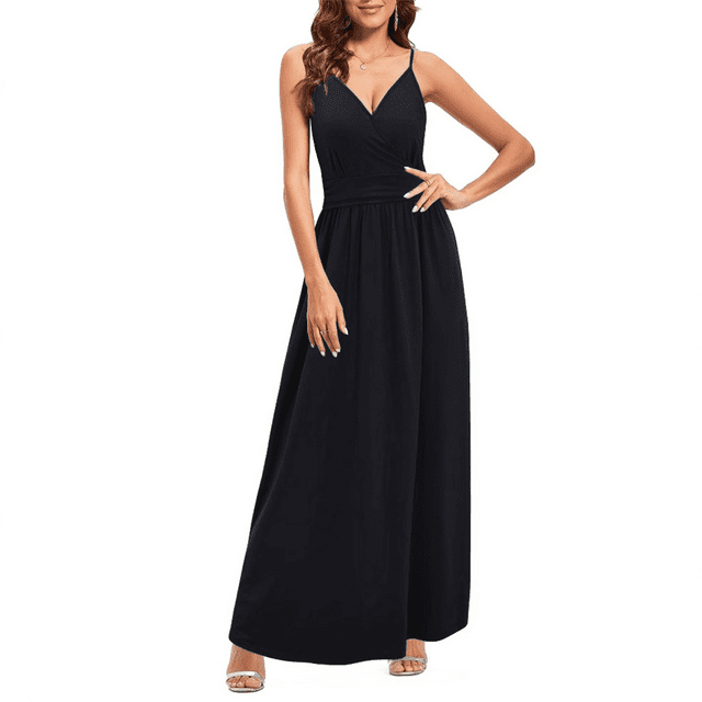 Robe Maxi d'Été pour Femme Vacances à Fleurs à Bretelles Spaghetti Printemps Décontractée Bohème Fendue Plage Longue Fluide Robe Soleil Noir P