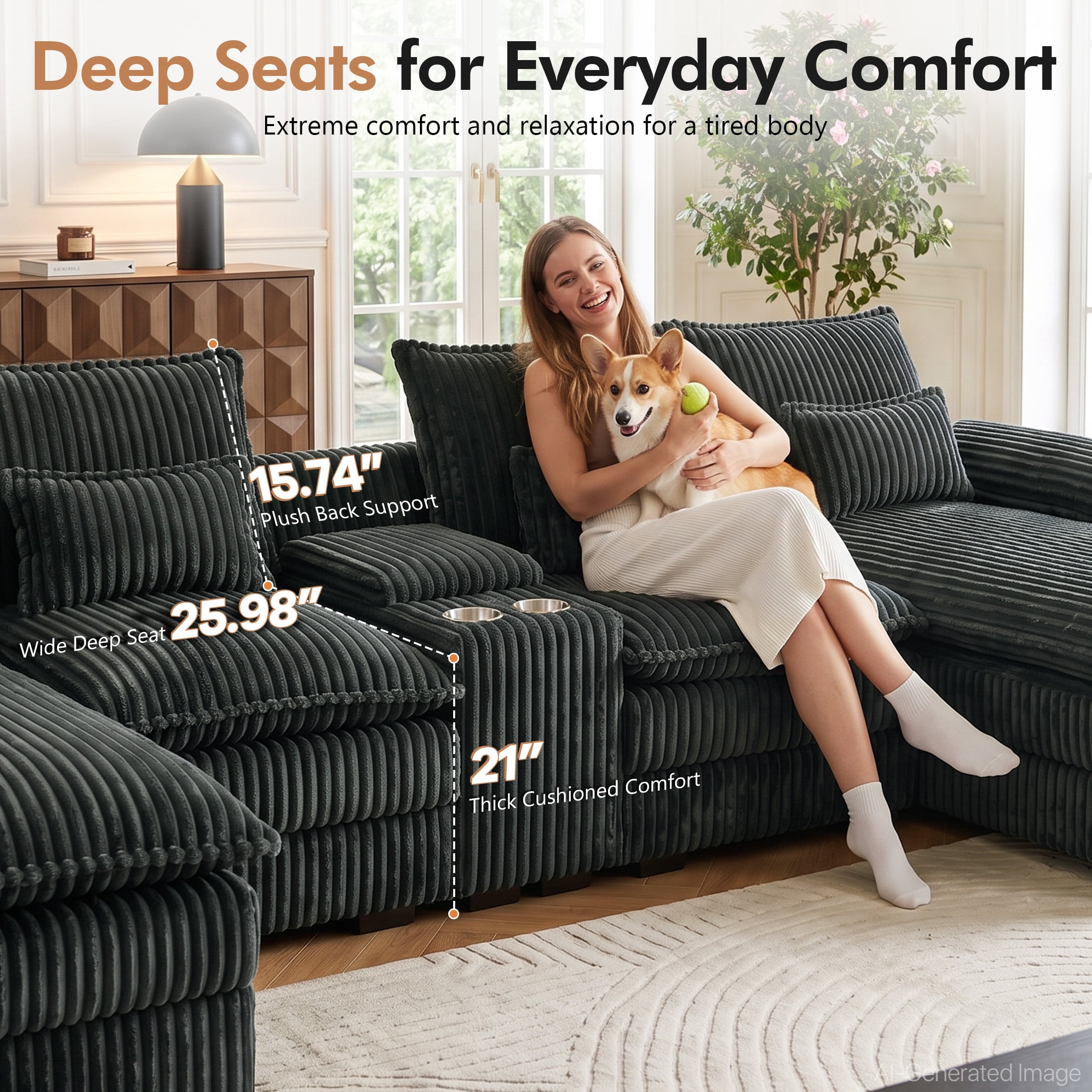 Aenkyo 125 Inch Corduroy U-Shaped Sectional Sofa with Console and USB Ports, Dark Gray