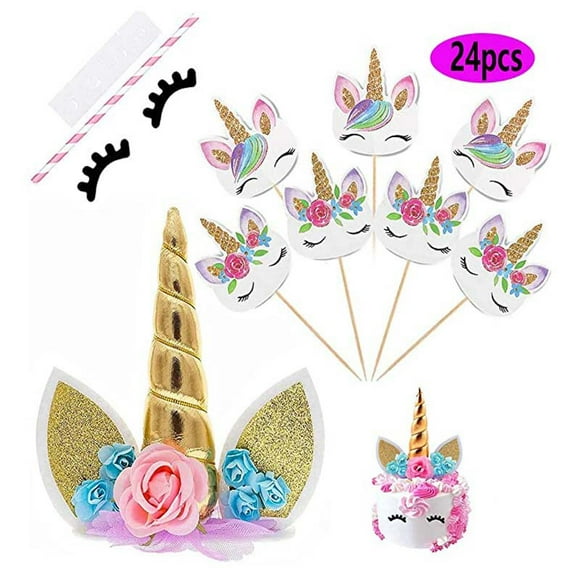 Unicorn Cake Decorations Cake Topper, Unicorn Horn Hairpin and Eyelashes Set Unicorn Party Decoration for Birthday/Wedding