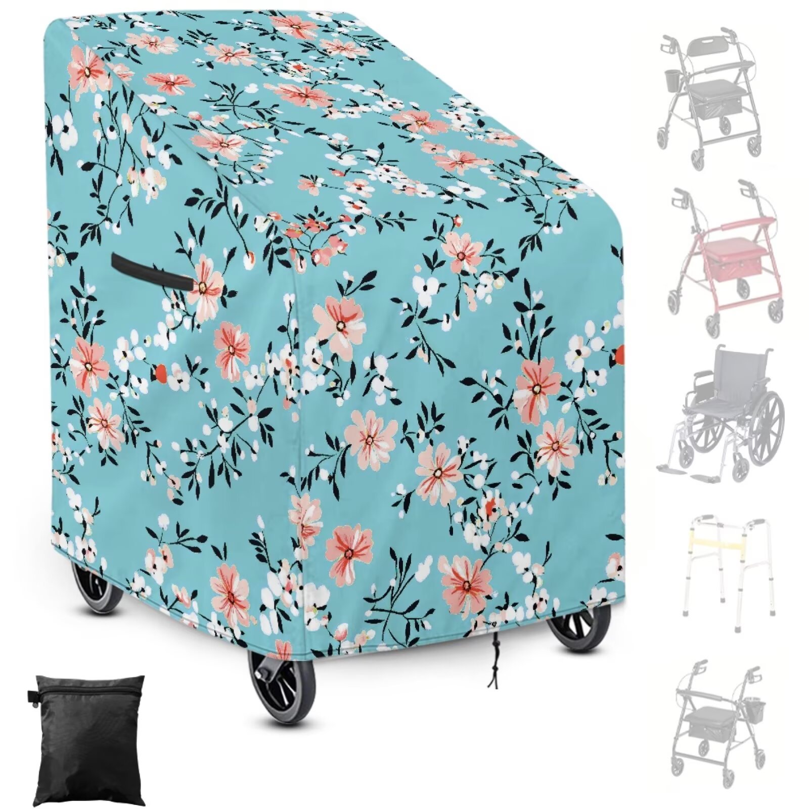 ZIATUBLES Rollator Walker Cover with Storage Pouch, Dustproof & Windproof for Seniors’ Rolling Walker with Seat, All-Weather Outdoor Protection, Home & Travel, Blue Ditsy Flower Printed