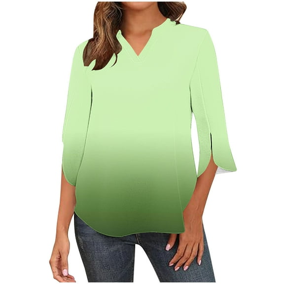 Scyoekwg Going Out Tops for Women V-Neck Three-quarter Sleeve Shirts Vintage Loose 3/4 Sleeve Tops Fall Clothes Gradient Color Graphic Tops Fashion Dressy Casual Blouses Tops(Green,M)