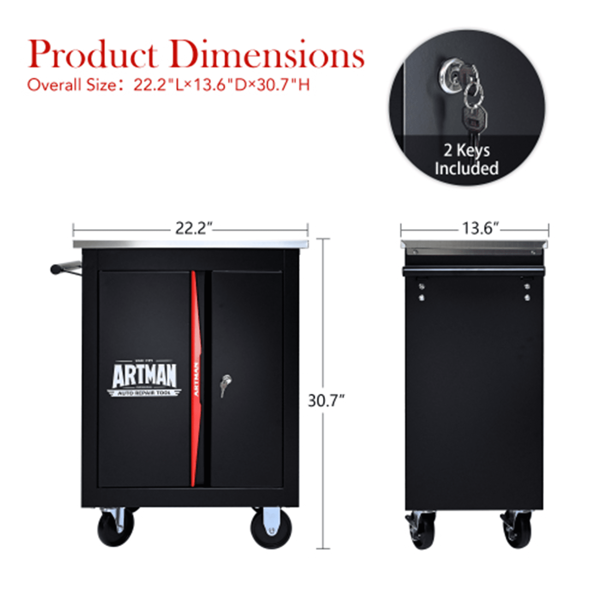 ARTMAN Double-Door Tool Storage Chest, Heavy Duty Tool Cart Cabinets ,Steel Rolling Tool Box for Workshop Garage Repair Shop