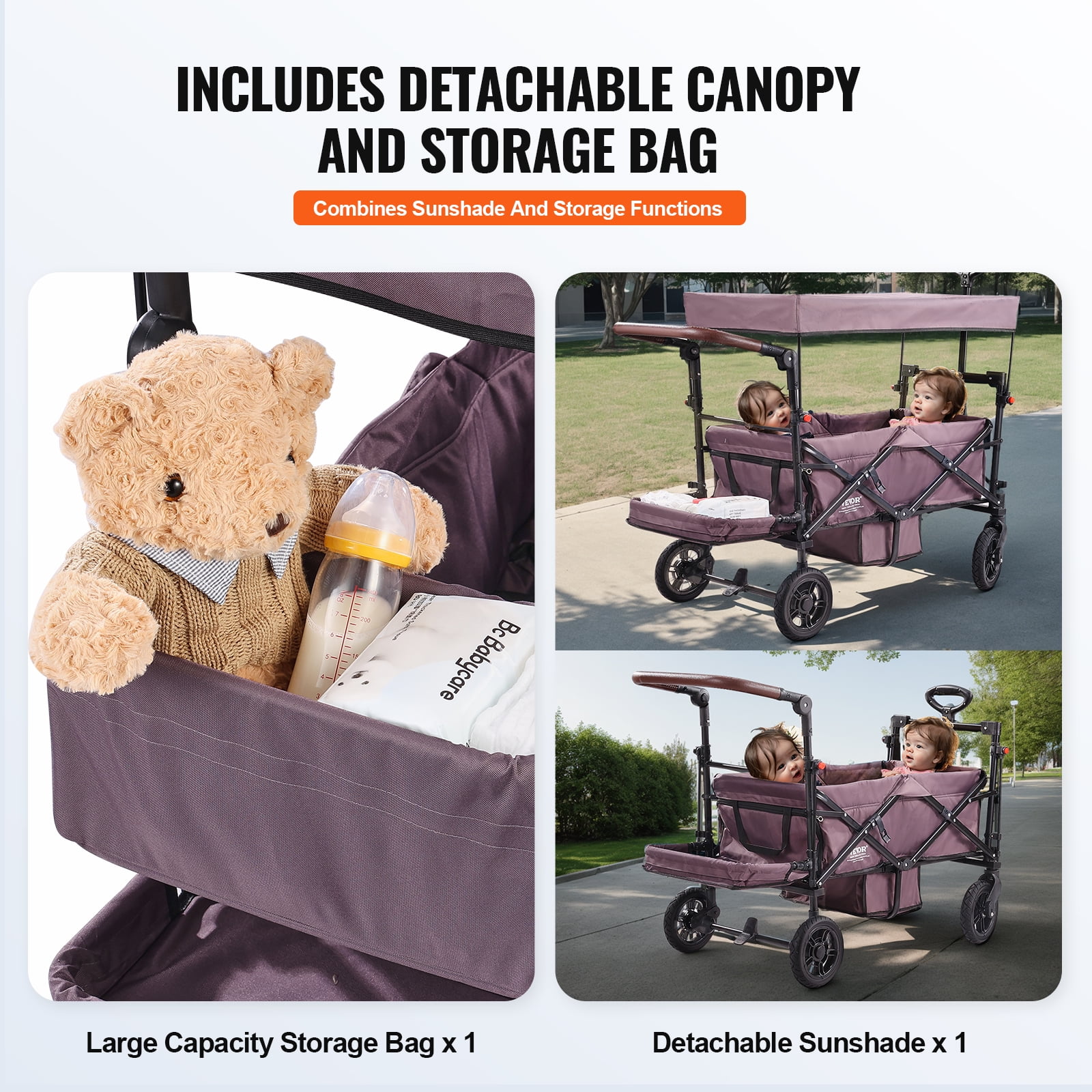 VEVOR Wagon Stroller for 2 Kids, Push Pull Quad Collapsible Stroller with Adjustable Handle, Encircling Harness Removable Canopy,4 Wheels w/Brakes,Mutifunction Tandem Stroller for Camping Dark Purple