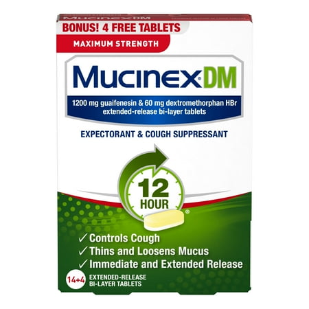 Mucinex DM 12 Hr Max Strength Expectorant & Cough Suppressant Tablets, 14+4ct
