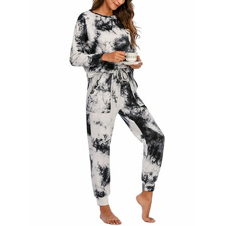 

Capreze Ladies Pajamas Set Tie Dye Nightwear Suit Drawstring Pjs Loose Home Clothes 2 Pieces Sleepwear Outfits Black White XL