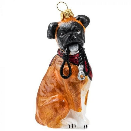 Boxer with Floppy Ears and Leash Polish Glass Christmas Ornament