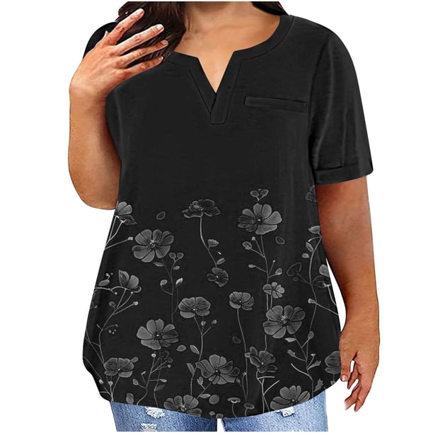 Camisetas Casuales de las Mujeres Largo Casual Impreso Cuello Redondo Suelto Top, Camiseta de Verano de Manga Corta