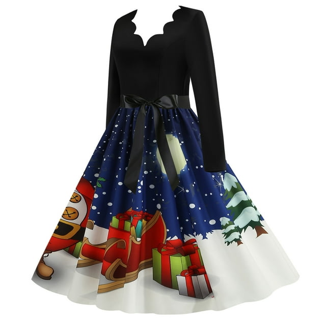 Fridja Robe Vintage Automne Hiver Manches Longues Col en V Années 1950 Femme au Foyer Soirée Bal