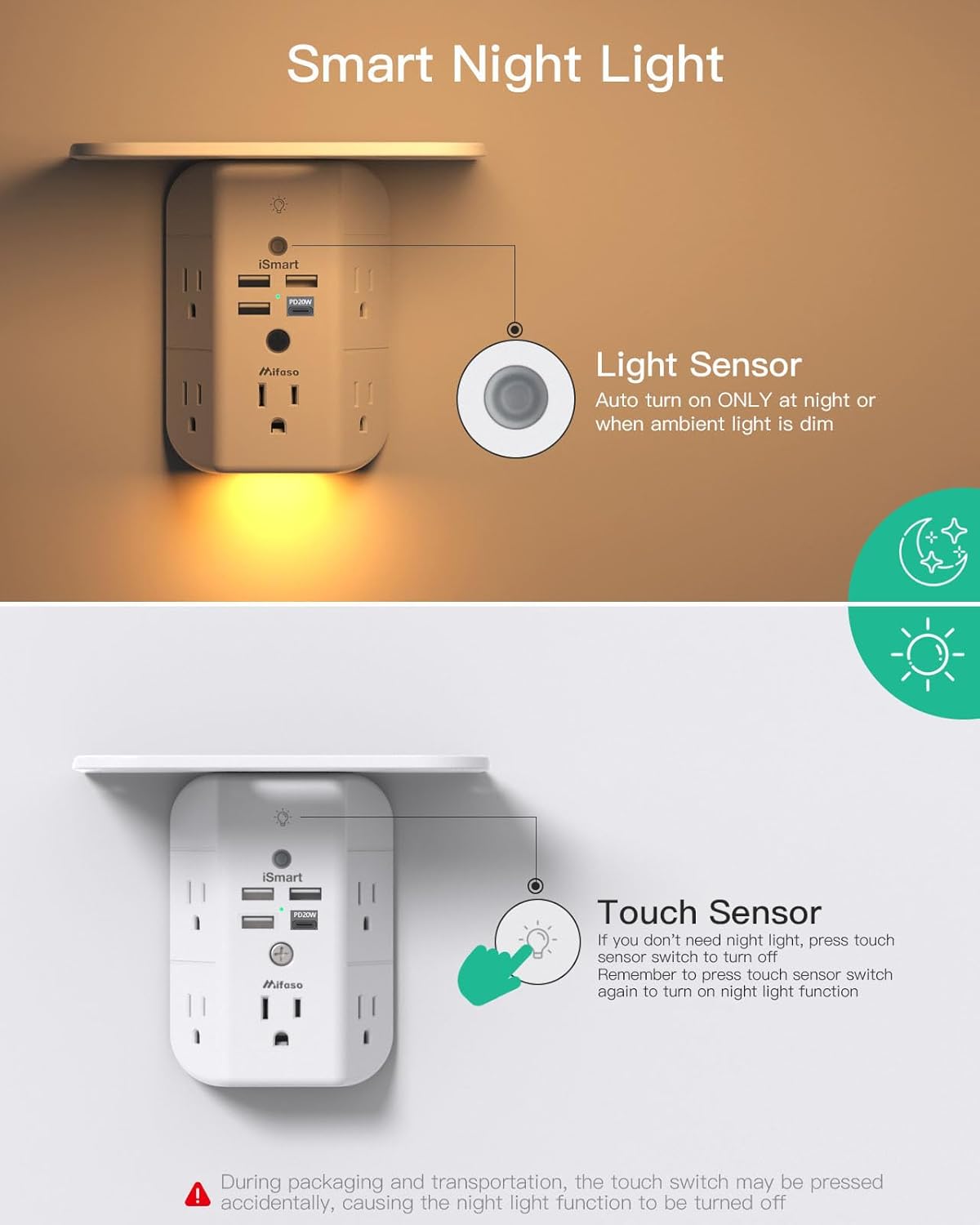 JJEAN-PD20W Wall Outlet Extender, Outlet Splitter with Shelf and Night Light, USB Wall Charger with 5 AC Outlets and 3 USB A Ports 1 USB C Ports Wide Space 3-Sided Power Strip Multi Plug Outlets