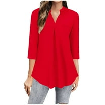 Jalioing Women's 3/4 Sleeve Shirt V Neck Casual Dressy Tunic Tops Pleated Front Loose Blouses Summer Outfits