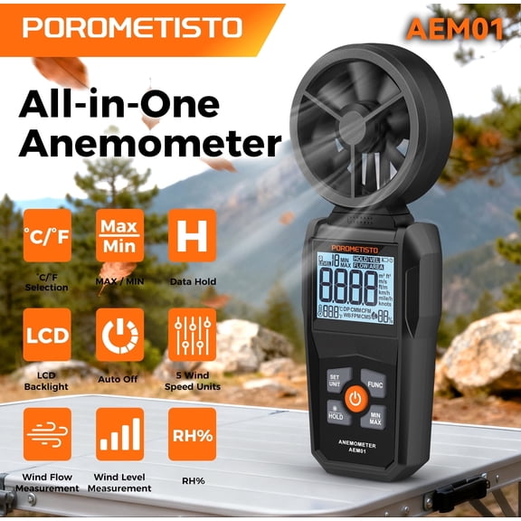 POROMETISTO AEM01 All-in-one anemometer, portable wind meter, wind speed, flow, level, temperature and humidity meter with LCD backlight.