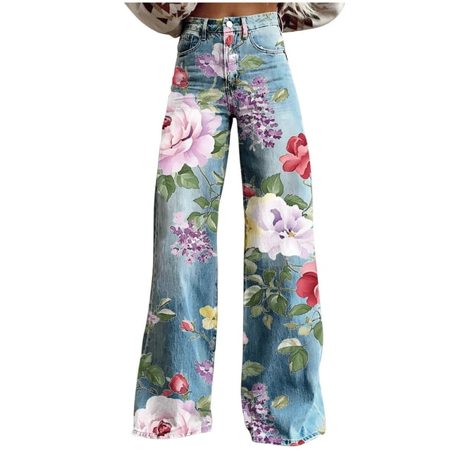 KIHOUT Twill Pants Faux Jeans for Woemn Fashion Flowear Printed Wide Leg Button Pants with Pockets