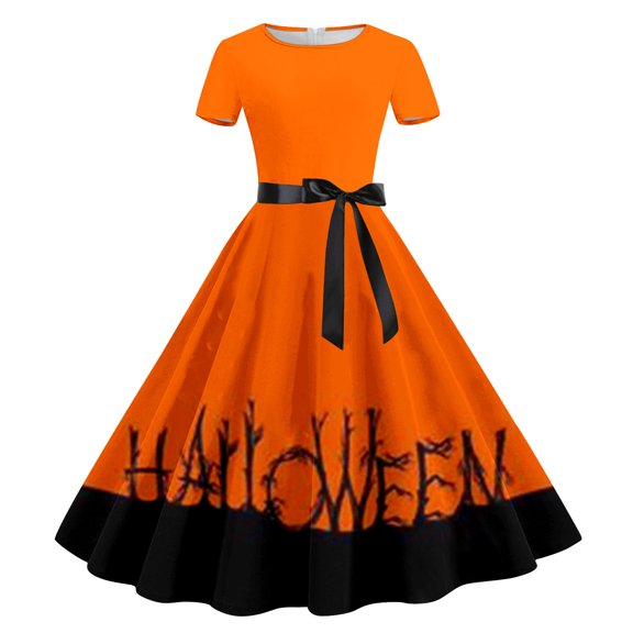 Holiday Outfits for Womens Fashion Graphic Print Short Sleeve Boat Neck Bow Belted Retro Swing Cocktail Midi Gown (X-Large, Orange 03)