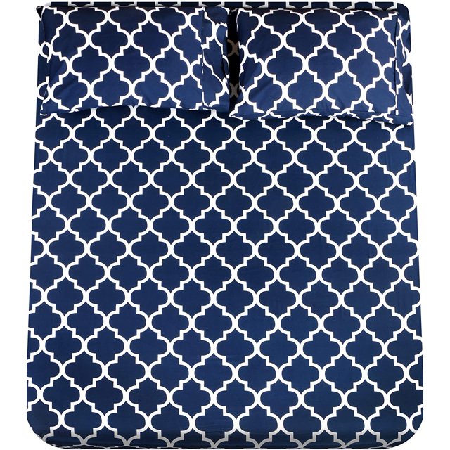 Juego de cama King Brillar Quatrefoil azul marino con patrón blanco 1 sábana ajustable 2 fundas de almohada microfibra cepillada suave resistente al encogimiento y a la decoloración