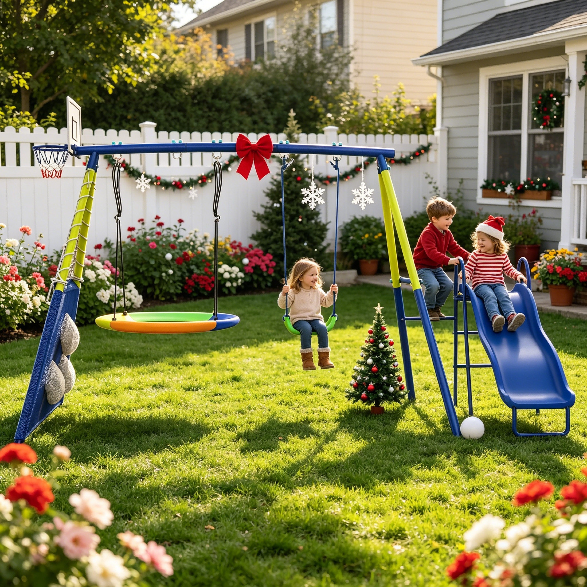 Shengchao Trade Metal Kids Swing Set – Heavy Duty Outdoor A-Frame with 2 Swings, Backyard Playground Equipment for Children