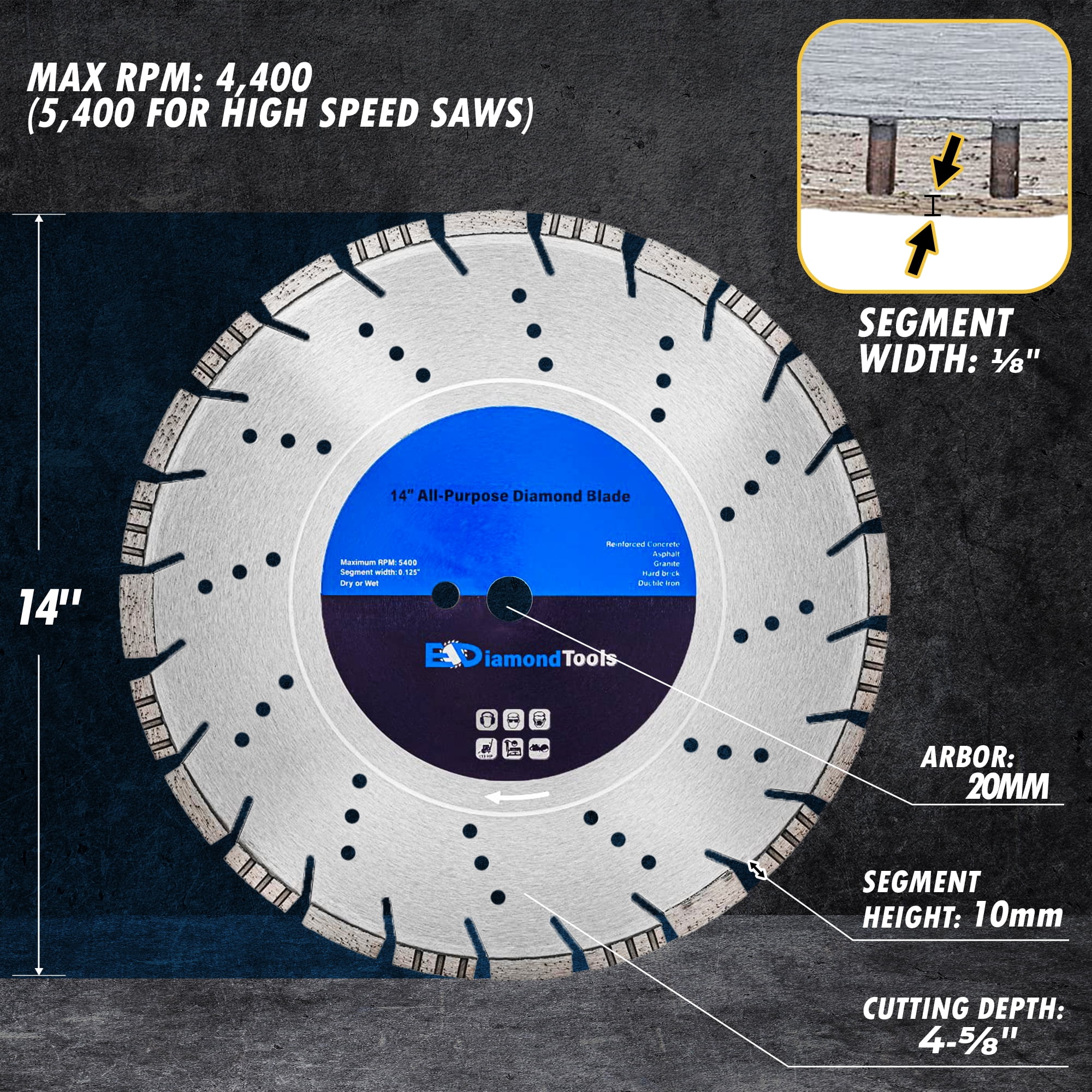 EDiamondTools 14" All Purpose Diamond Saw Blades for Reinforced Concrete, Asphalt, Granite