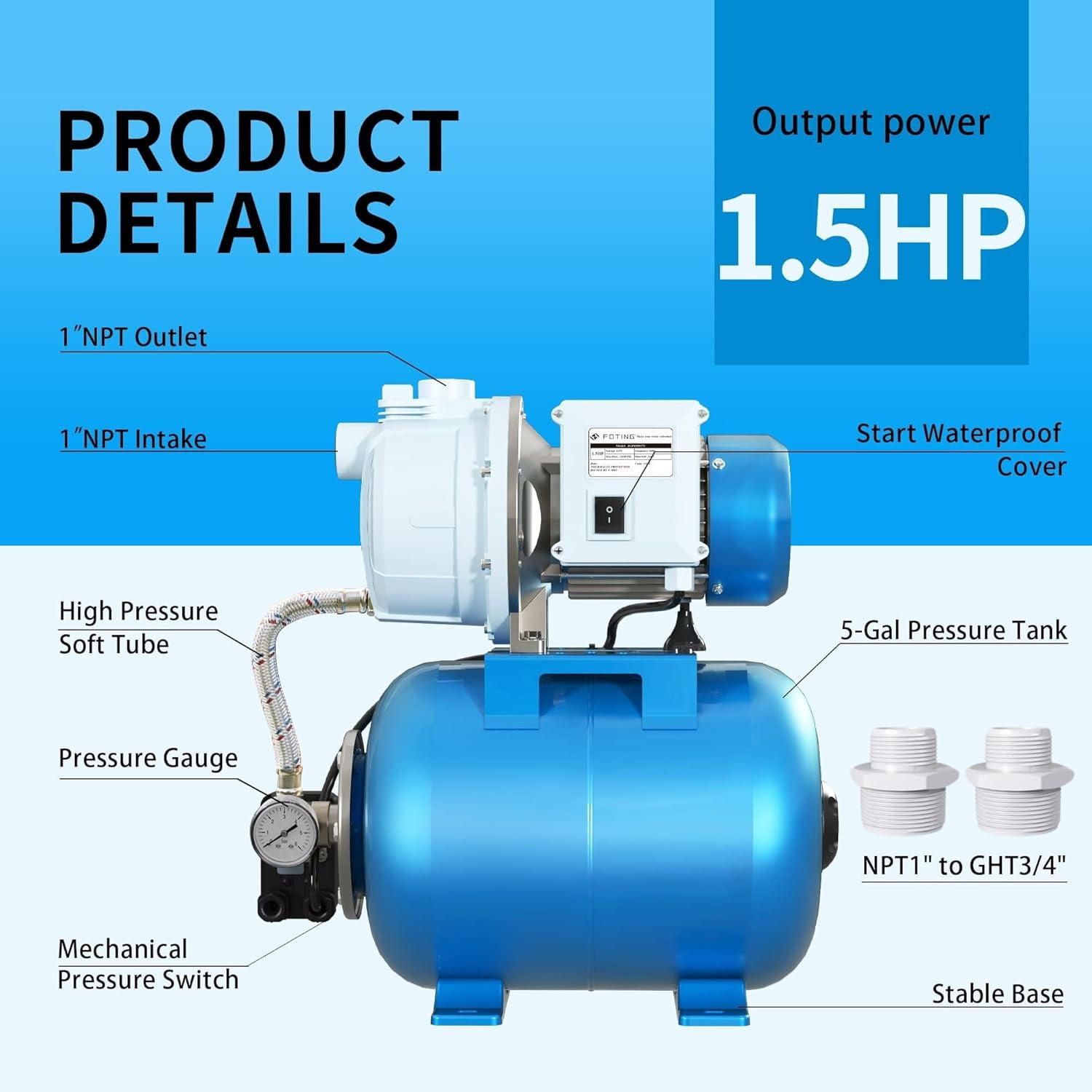 FOTING 1.5HP Shallow Well Pump 1340GPH 164ft Lift 5Gal Pressure Tank Automatic Irrigation Water Booster Jet Pump 115V Blue