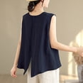 thumbnail image 4 of LEKWK Womens Linen Tank Top Boxy Fit Sleeveless Tops Round Neck Summer Tops Shoulder Pleats Solid Inner Layering Vacation Wear, 4 of 8