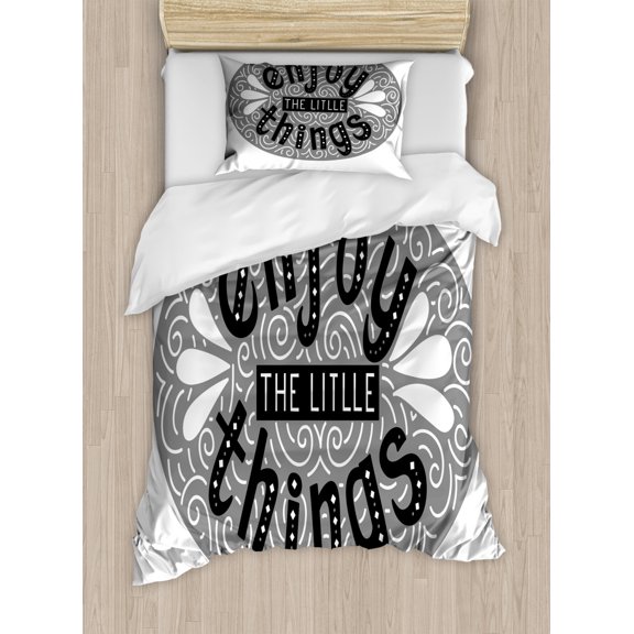 Enjoy the Little Things Twin Size Duvet Cover Set, Greyscale Expression Lettering with Swirls and Teardrops, Decorative 2 Piece Bedding Set with 1 Pillow Sham, Grey Black and White, by Ambesonne