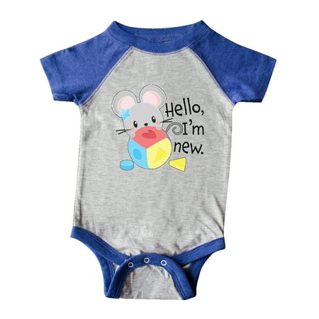

Inktastic Hello I m New Cute Shy Mouse with Toy Gift Baby Boy or Baby Girl Bodysuit