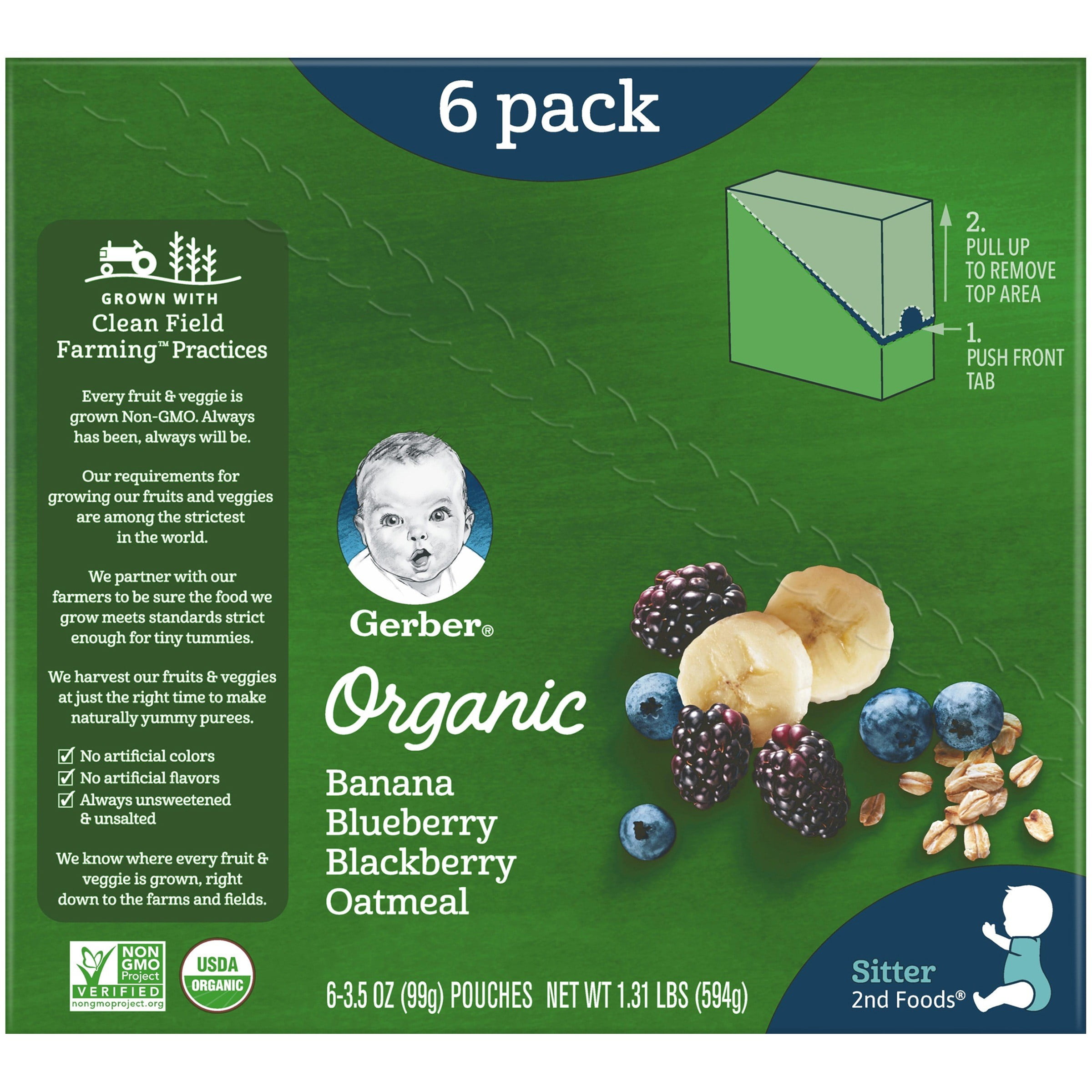 Photo 1 of (Pack of 6) Gerber 2nd Foods Organic Baby Food Banana Blueberry Blackberry Oatmeal 3.5 oz. Pouch Best By May 31 2024