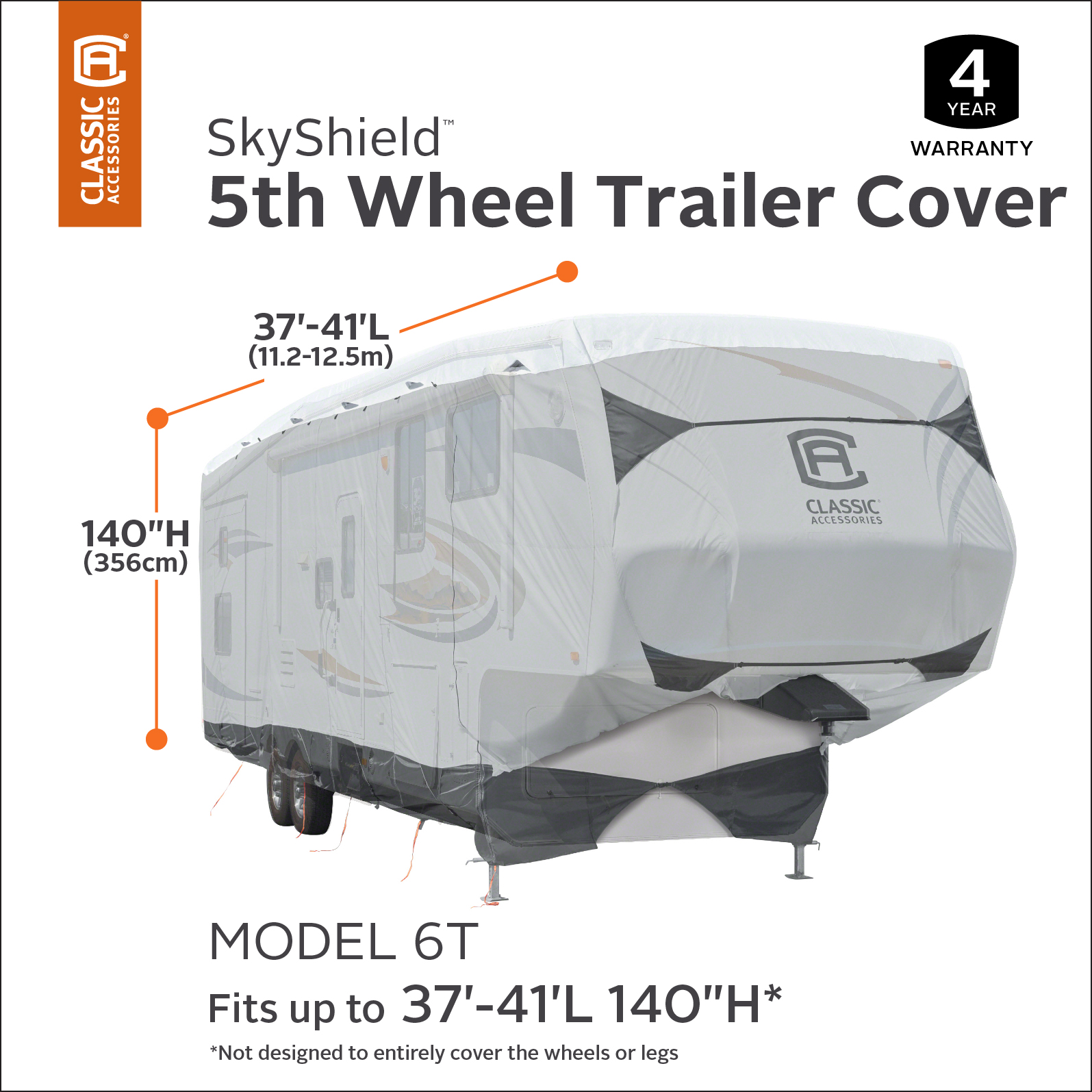 Classic Accessories OverDrive SkyShield™ Deluxe Tyvek® 5th Wheel Travel Trailer Cover, Fits 37' - 41' Trailers - Water Repellent Tyvek® RV Cover, Black/Grey/Snow White