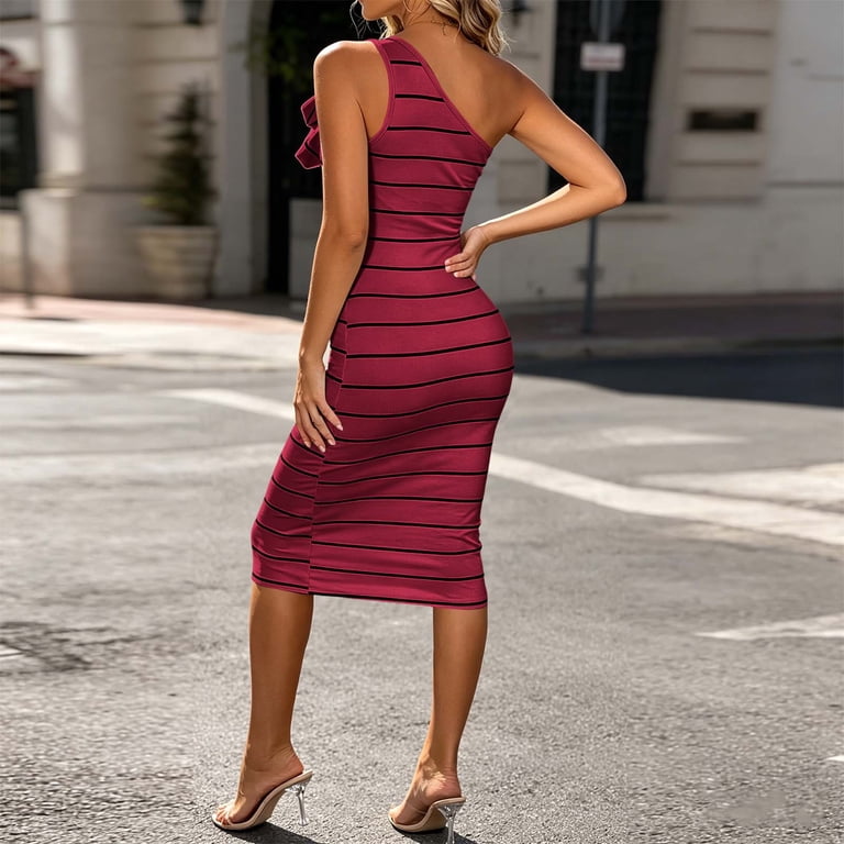 Hulanddfd Women's Dress One-Shoulder Striped Fitted Bodycon Midi Dress Wine Size M, Size: Small