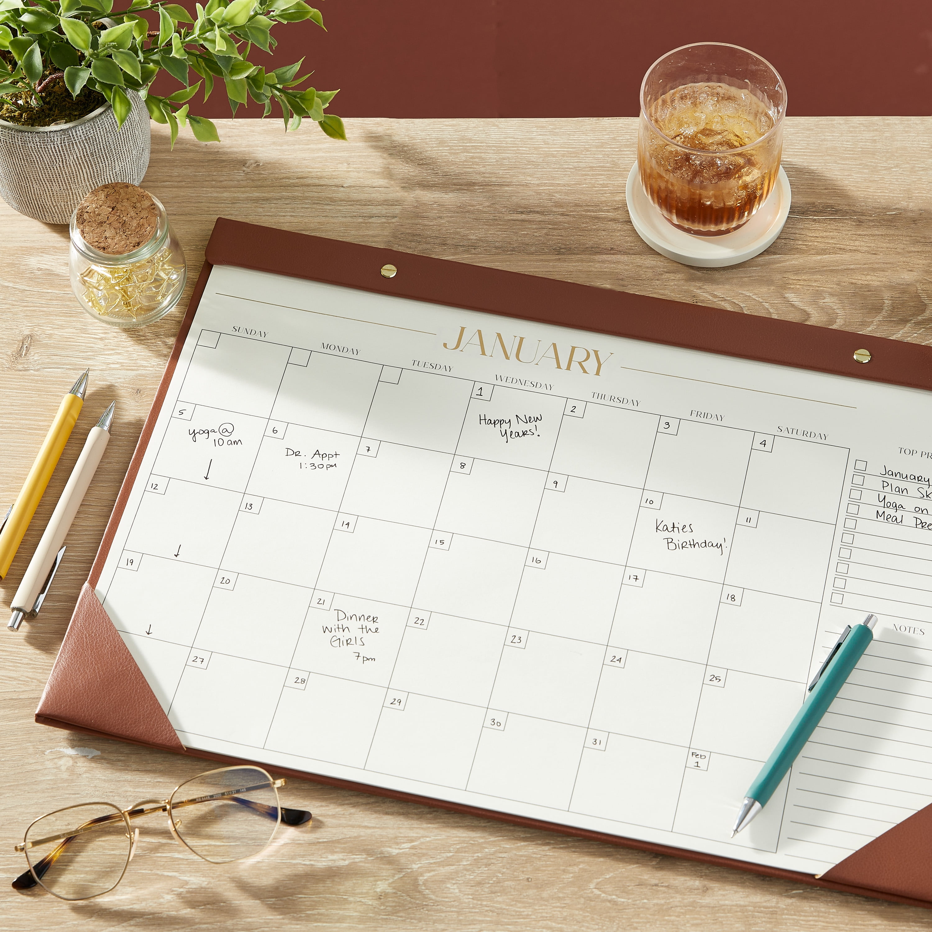 Pen+Gear 12-Month Medium Cognac Brown Undated Simulated Leather Desk Pad Calendar, 18.5 x 12.5 Inches