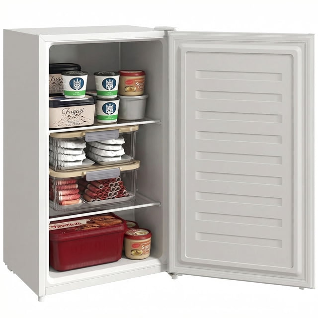 2.1 Cu. Ft. Mini Upright Freezer, Compact Small Deep Freezer with Reversible Door and Removable Shelf, White, for Apartment, Dormitory, RV, Home Office, and Small Kitchens