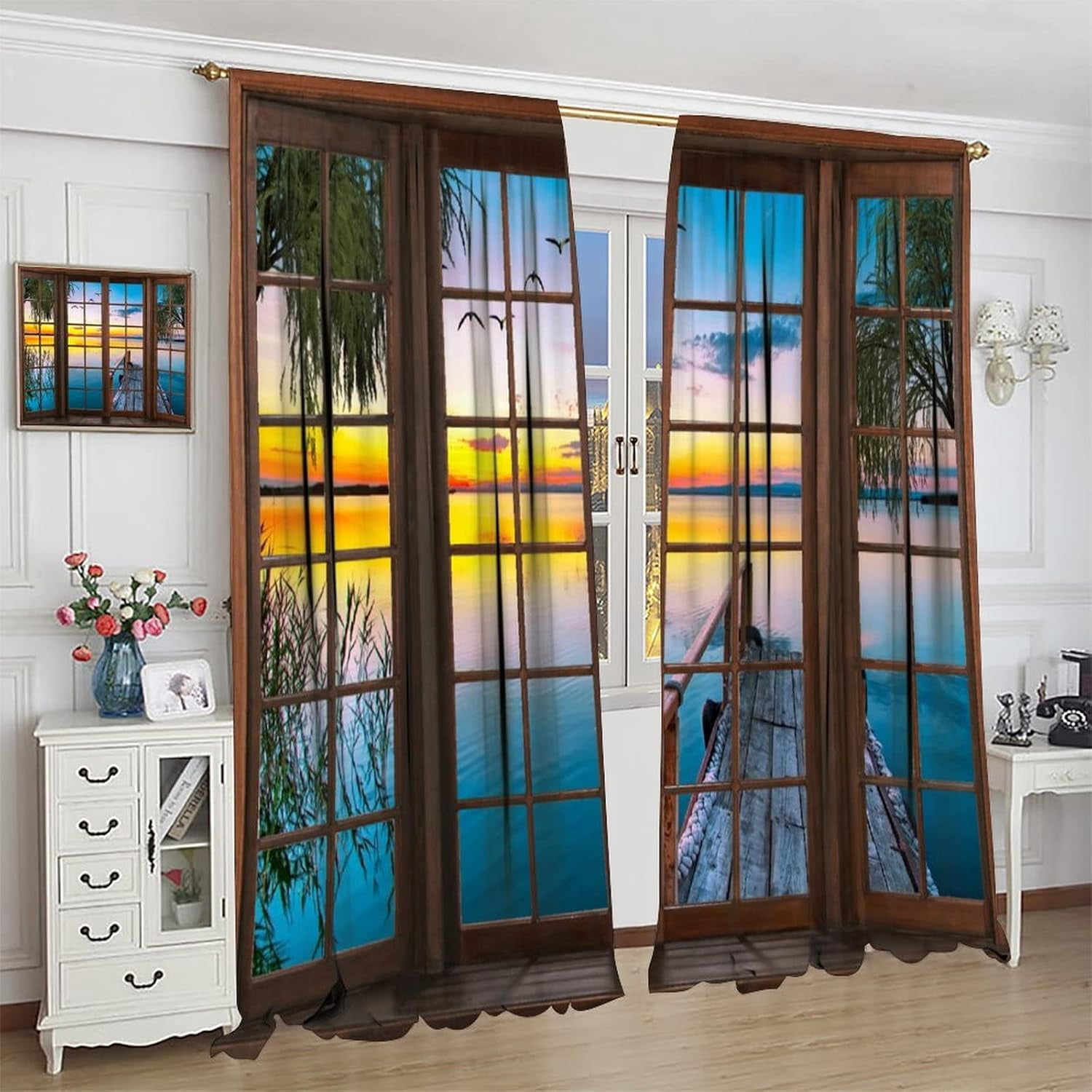 Landscape Curtains,Natural Scenery Rustic Window Curtains,Forest Lake Sunset Print Bedroom Living Room Home Decoration 84x84in
