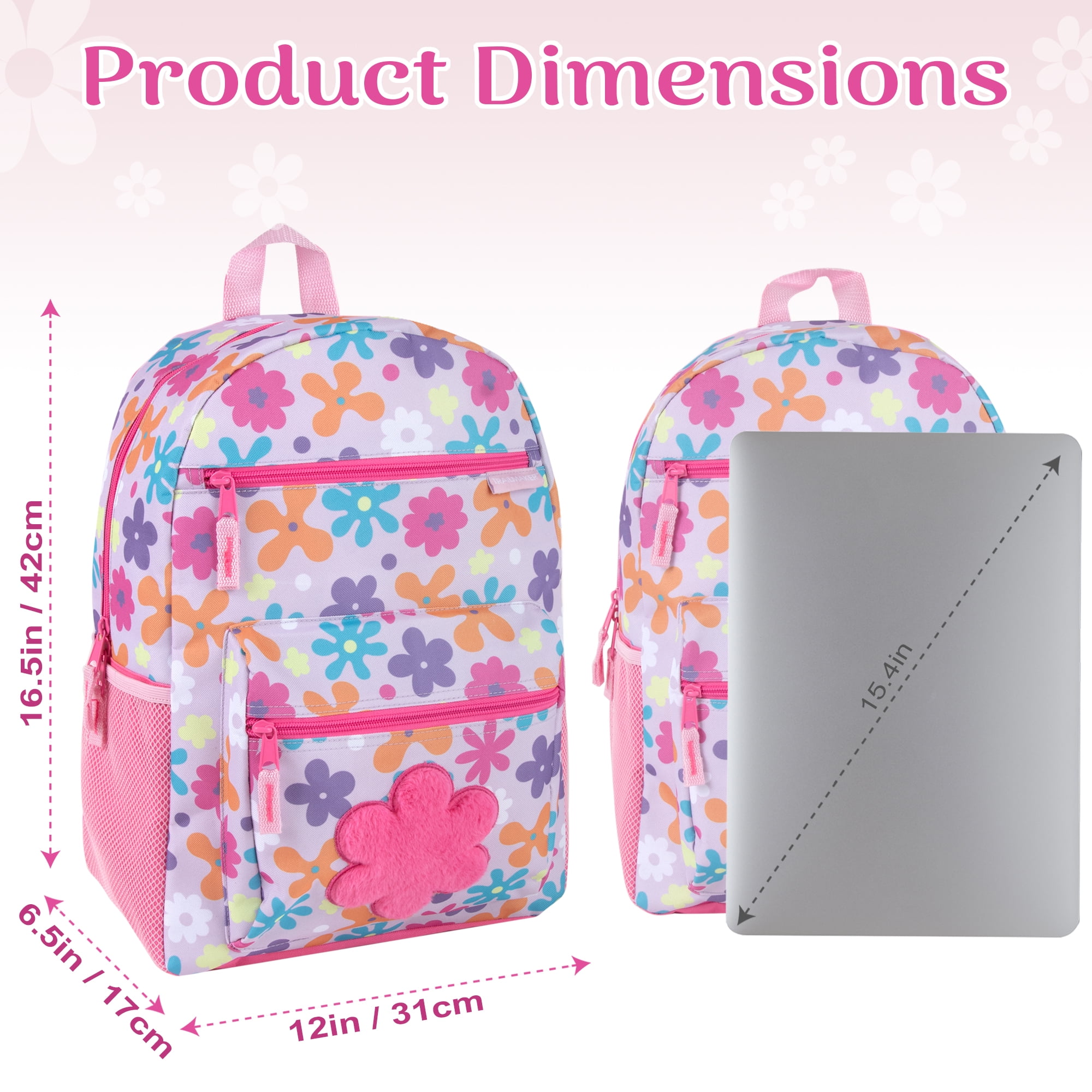 Girls 17 Inch Multipocket Printed Pocket Backpack for School, Camp, Travel, Commuting and Recreation with Plush Applique in Plush Floral Frenzy