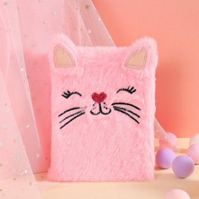 Diario de gato para niñas de 6, 7 y 8 años, diario secreto de peluche para niños, cuaderno esponjoso de tapa dura para escribir y dibujar, bonitos regalos de papelería afelpados para niñas de 6 a 8