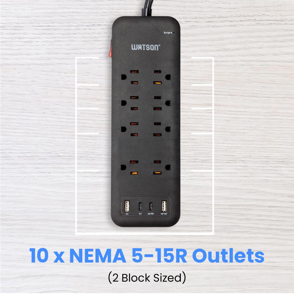8-Outlet Surge Protector with 4 USB Ports, 2450 Joules, 6' Cord, LED Indicator – Power Strip for Home and Office Use by Watson (Black)