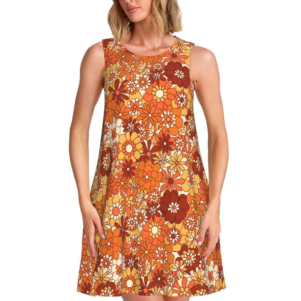 Fotbe Hippie Flower Vestido de Verano sin Mangas para Mujer – Vestido Midi Línea A, Estilo Camiseta Floral, Vestido Playero Casual y Fluido
