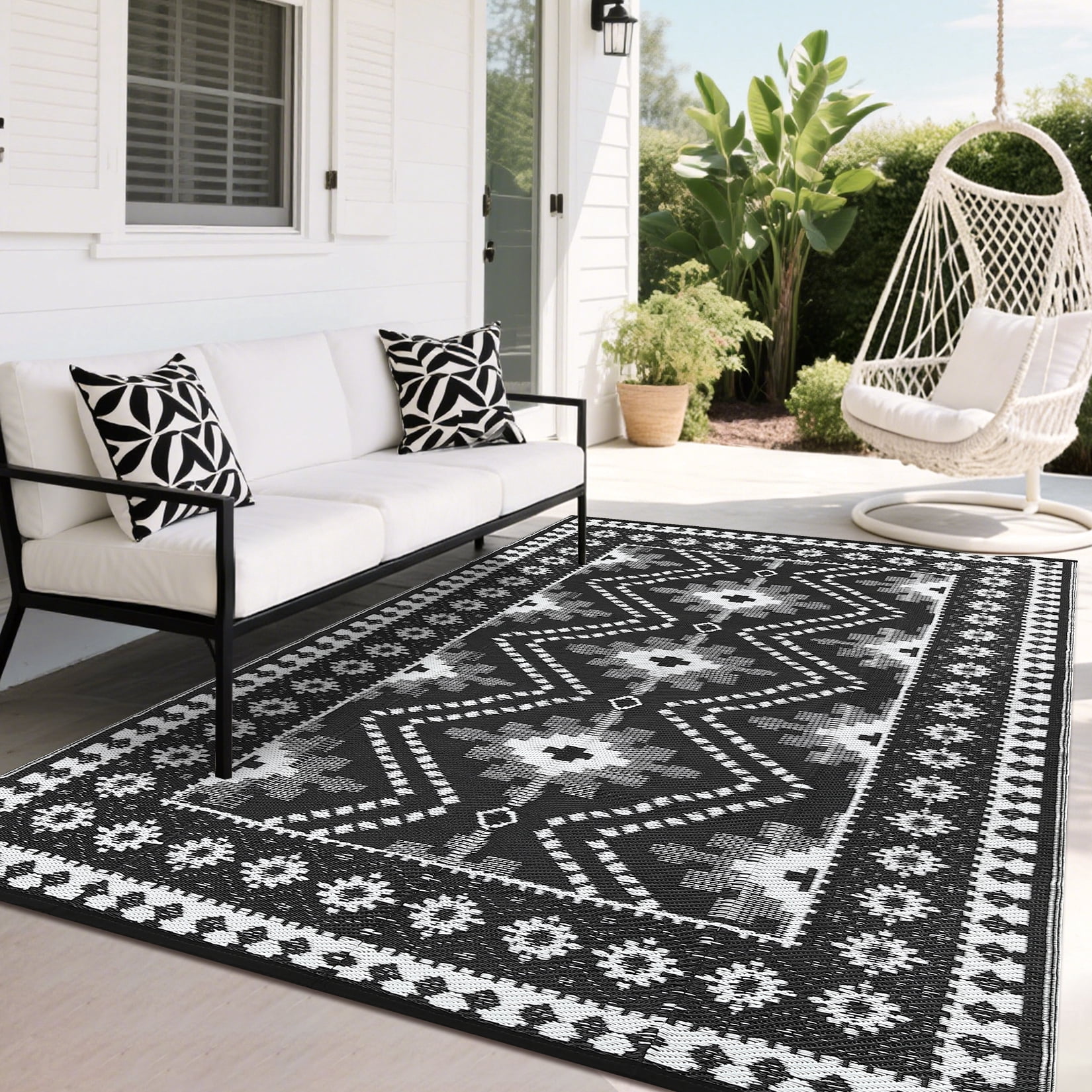 Garvee 8'x10' Outdoor Rug Waterproof Plastic Straw Rug, Reversible Camping Rugs Camping RV Mat Outside Vintage Diamond Carpet for Patio Deck Backyard Beach Picnic, Black